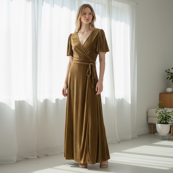 Baltic Born Dresses & Skirts - Baltic Born Meghan Gold Velvet Wrap Maxi Dress Bronze Boho Wedding Guest Small